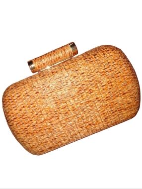 Rattan Hard Case Clutch Purse Brown Boho Woven Wicker Bag Crossbody Chain Strap